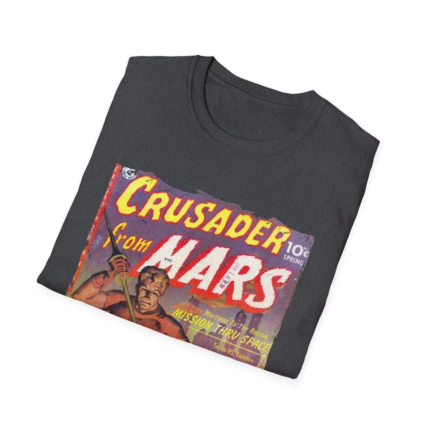 Close-up of the Crusader from Mars graphic on the chest with vivid green and red ink on black unisex softstyle tee