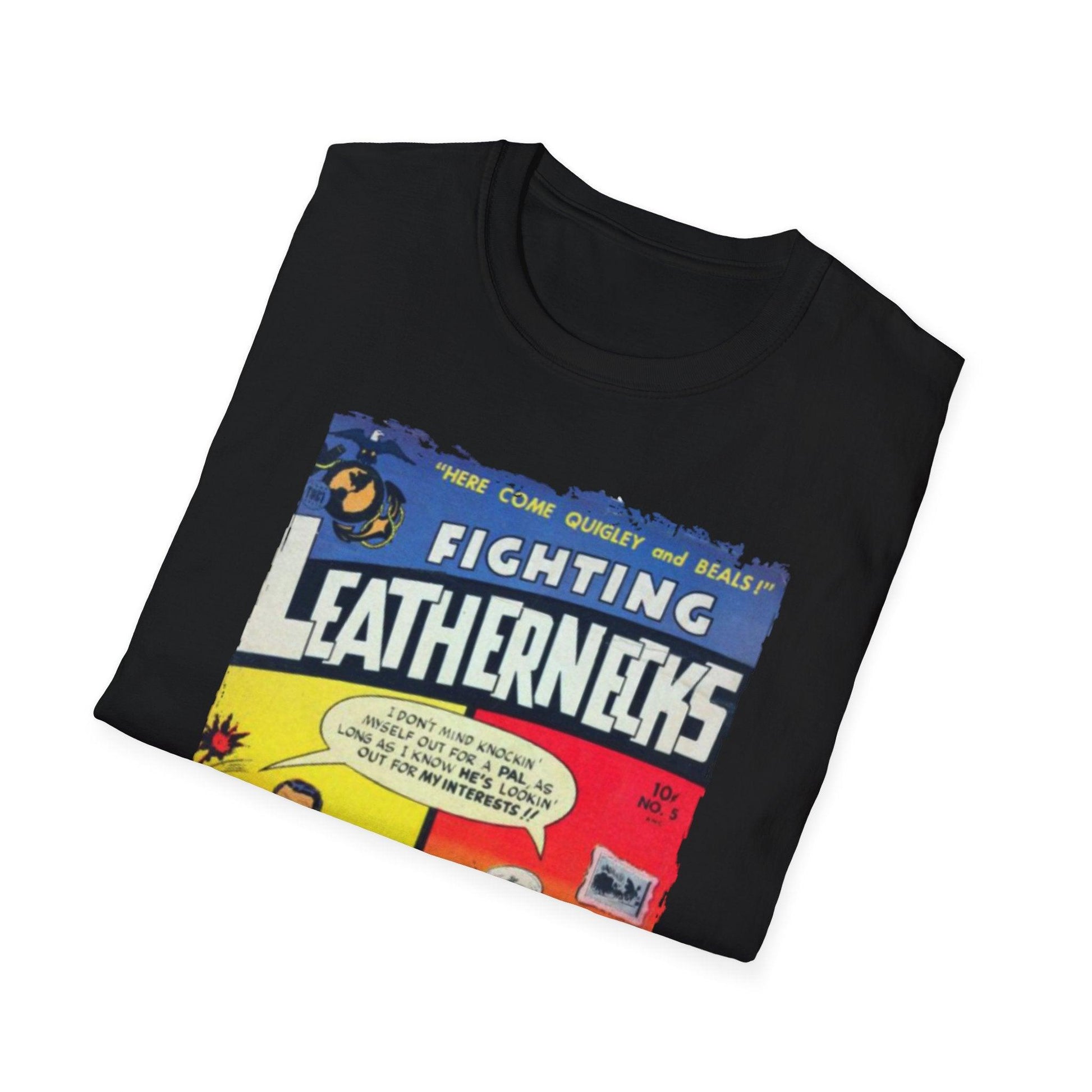 Close-up of the Fighting Leathernecks #5 graphic print on the front chest area of the unisex softstyle T-shirt in navy blue