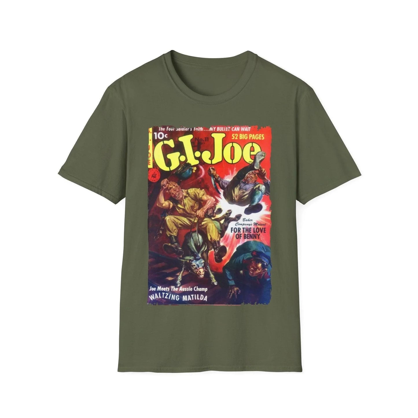 Close-up of the G.I. Joe No.11 unisex softstyle T-shirt's collar tag showing fabric composition and size label detail