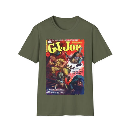 Close-up of the G.I. Joe No.11 unisex softstyle T-shirt's collar tag showing fabric composition and size label detail