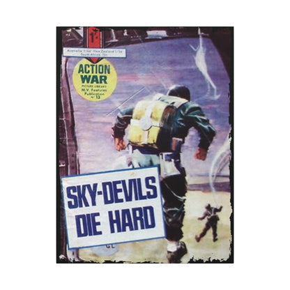 Close-up of the textured canvas surface featuring vibrant action scene details and subtle color variations from a slightly