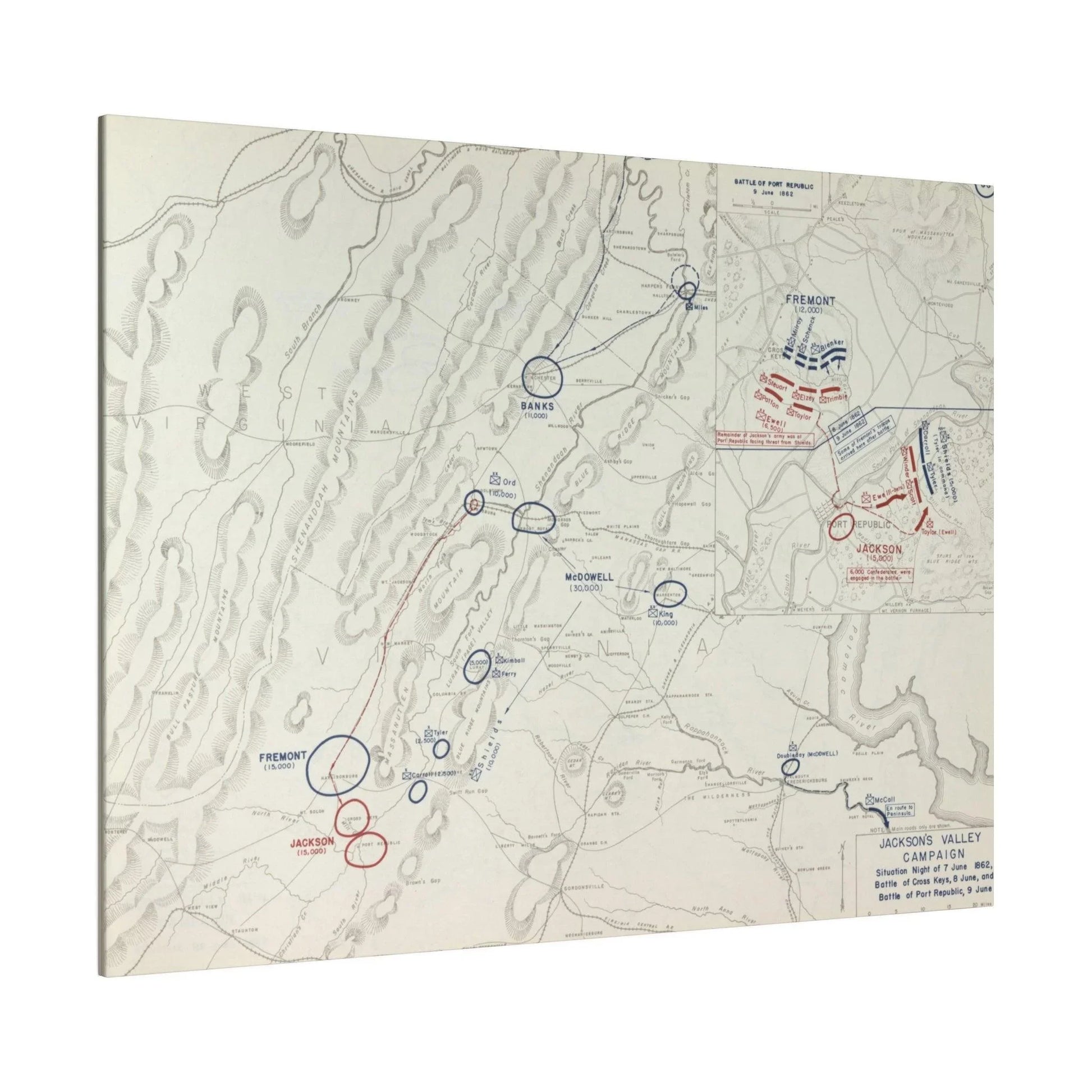 Close-up of textured canvas highlighting detailed brushstroke work from the Battle of Cross Keys scene, showing authentic