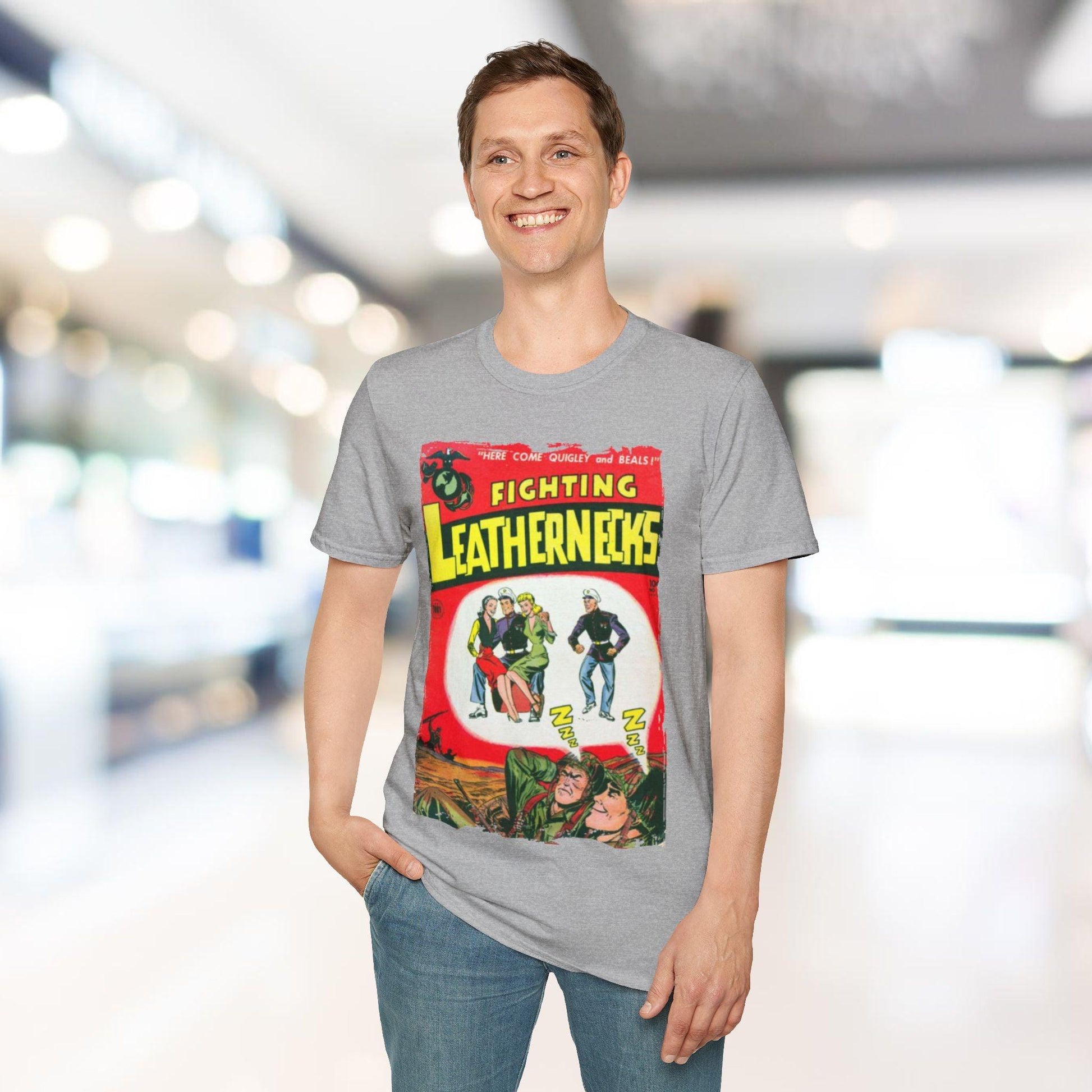 Close-up of the unisex softstyle T-shirt’s neckline and shoulder seam in deep navy, highlighting smooth stitches and fabric