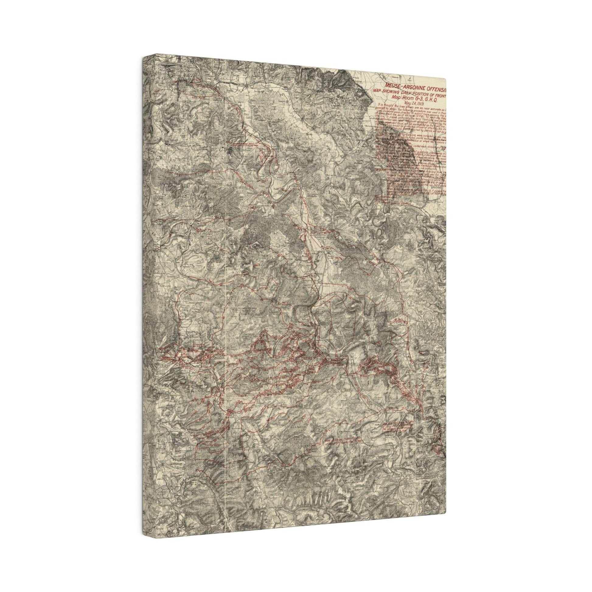 Close-up of detailed handwritten notes and annotations on the Map Room G-3, May 24, 1919, highlighting historical markings