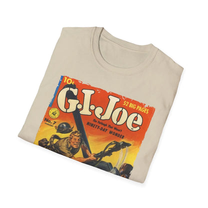Close-up of the G.I. Joe No.7 softstyle T-shirt fabric showing smooth, lightweight cotton blend and subtle stitching detail