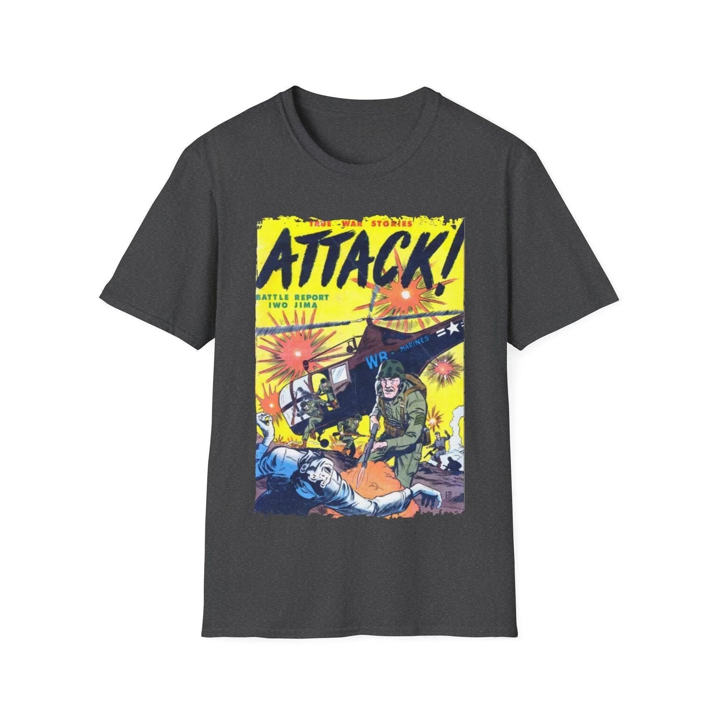 Close-up of the Attack! May 1952 T-shirt's soft cotton fabric showing subtle texture and vibrant navy color from a slightly