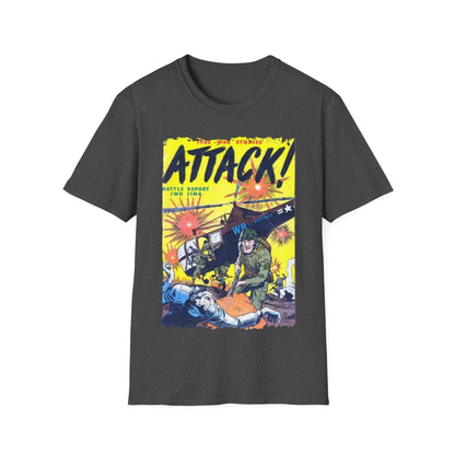 Close-up of the Attack! May 1952 T-shirt's soft cotton fabric showing subtle texture and vibrant navy color from a slightly