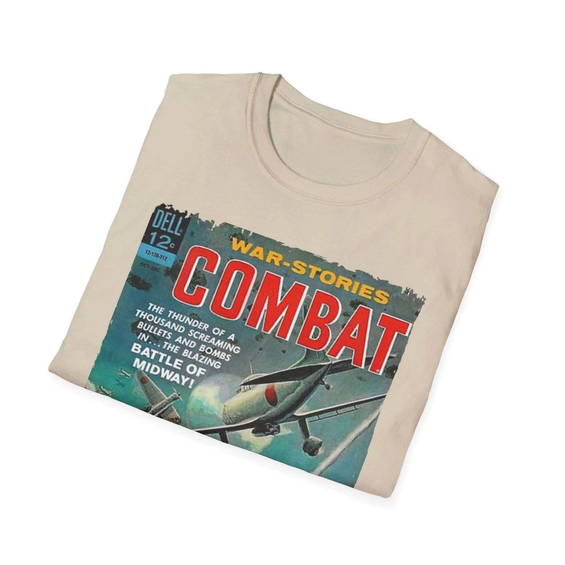 Close-up of the Combat Dec 1963 unisex softstyle T-shirt's smooth navy fabric emphasizing subtle fabric weave and relaxed
