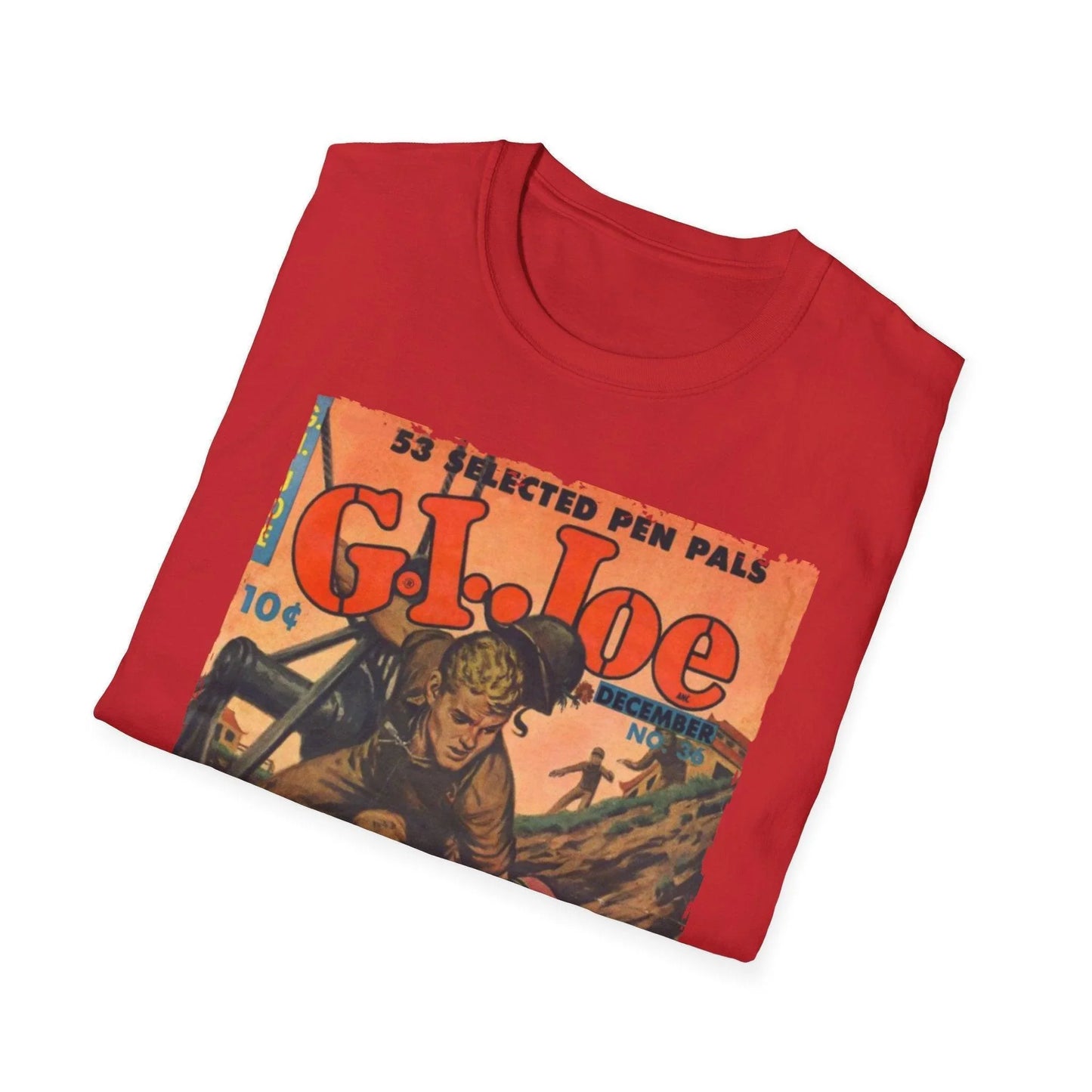 Close-up of the G.I. Joe No.36 unisex softstyle T-shirt's relaxed fit and vibrant red color, highlighting the subtle fabric