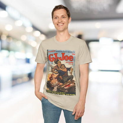 Close-up of the unisex softstyle T-shirt fabric showing the smooth, relaxed fit and vibrant navy color with subtle stitching
