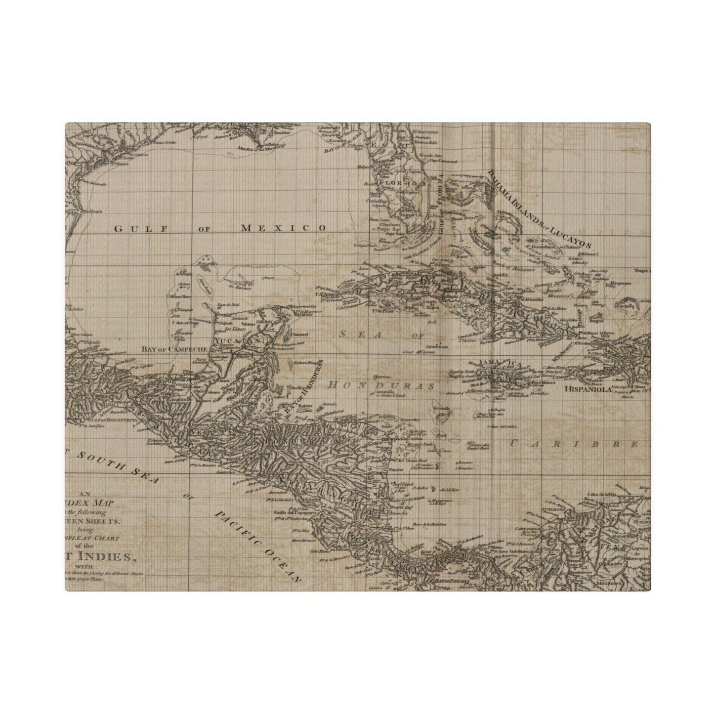 Close-up of the vivid West Indies chart featuring detailed coral reef illustrations and vibrant color accents on textured