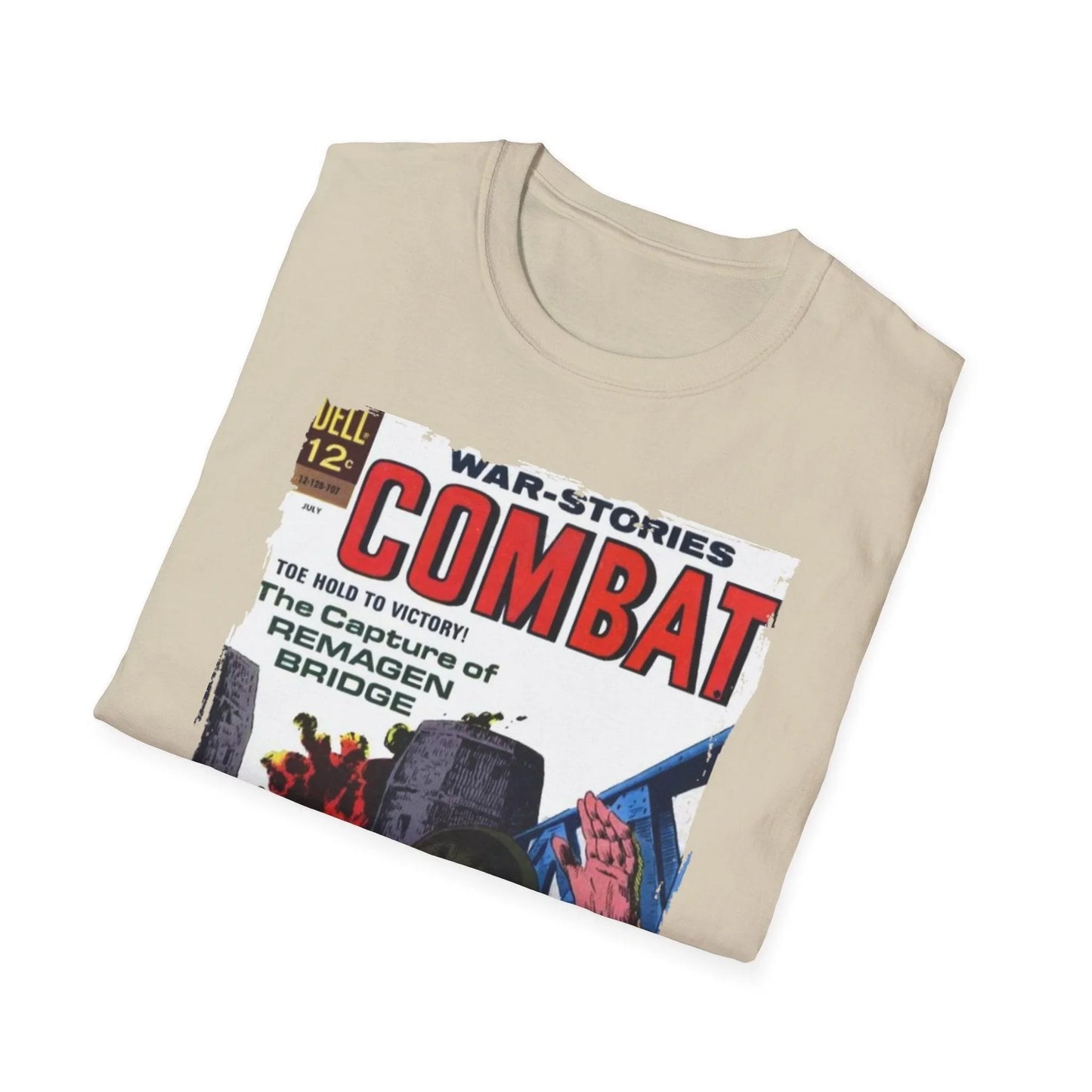 Close-up of the Combat July 1967 T-shirt's sewn neckline detail with visible stitching on soft olive green cotton fabric.