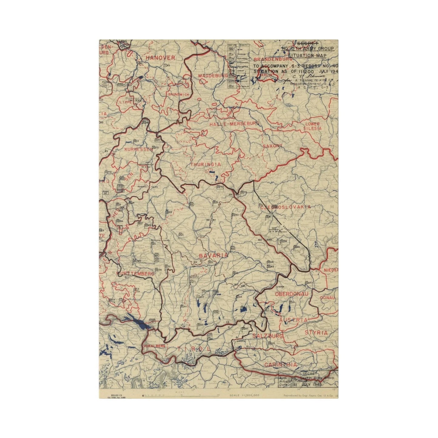 Close-up of the detailed map legend showing military symbols and handwritten annotations on textured canvas surface.