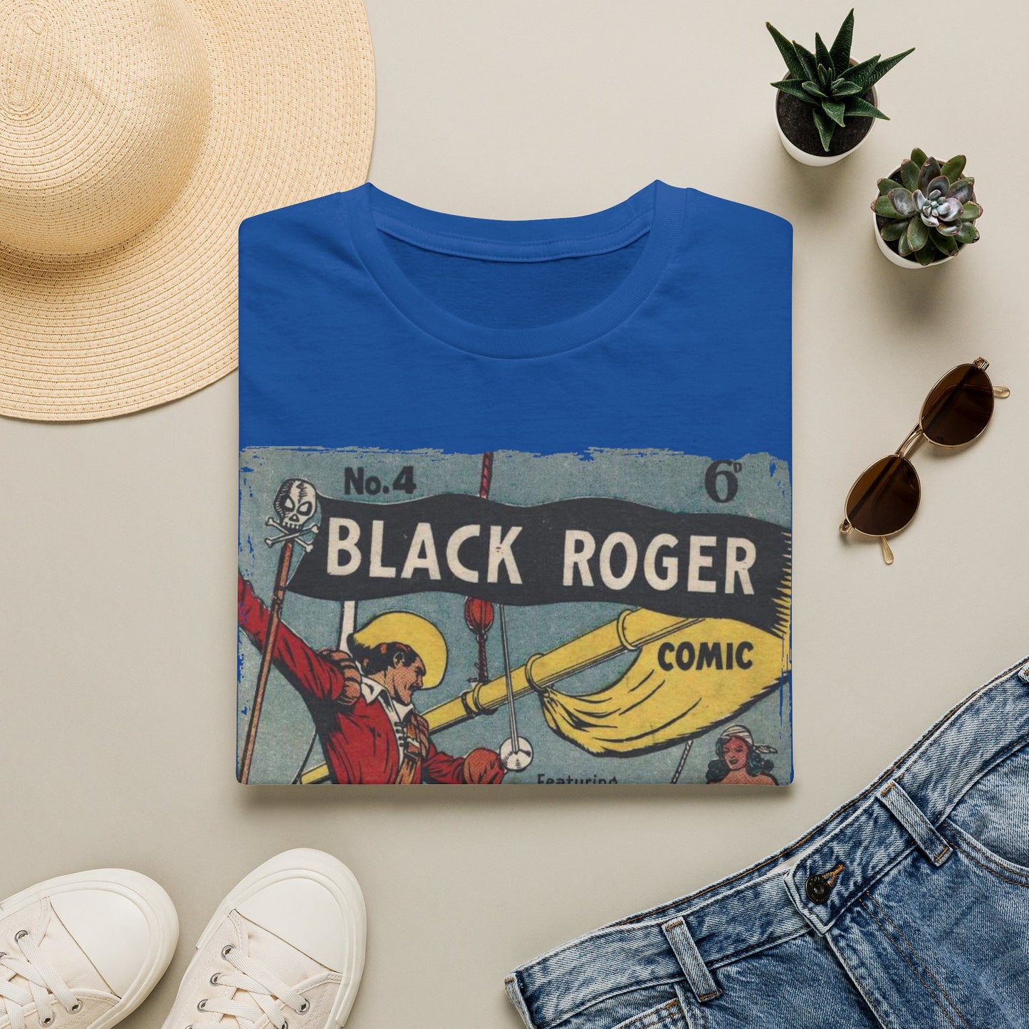 Close-up of the Black Roger No.4 unisex softstyle T-shirt's neckline and shoulder stitching from a front angle, highlighting