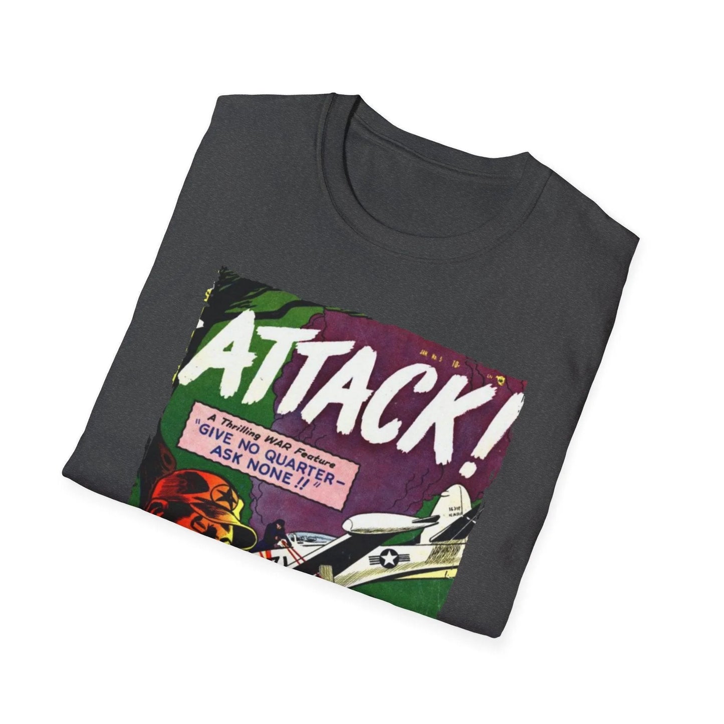 Close-up of the Attack! No. 5 unisex softstyle T-shirt fabric detail showing smooth heathered charcoal material and relaxed