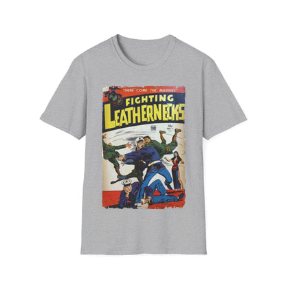 Close-up of the unisex softstyle T-shirt’s comfortable crew neckline and smooth fabric texture in vibrant black color.