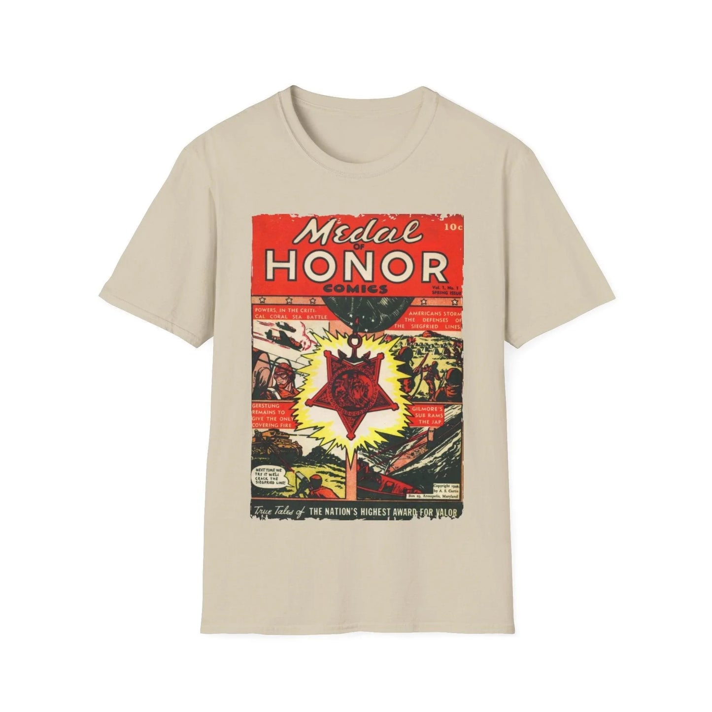 Close-up of the navy heather fabric and crew neckline with visible stitching detail on the unisex softstyle T-shirt from the