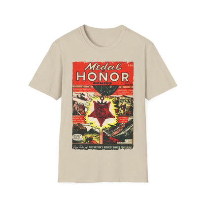 Close-up of the navy heather fabric and crew neckline with visible stitching detail on the unisex softstyle T-shirt from the