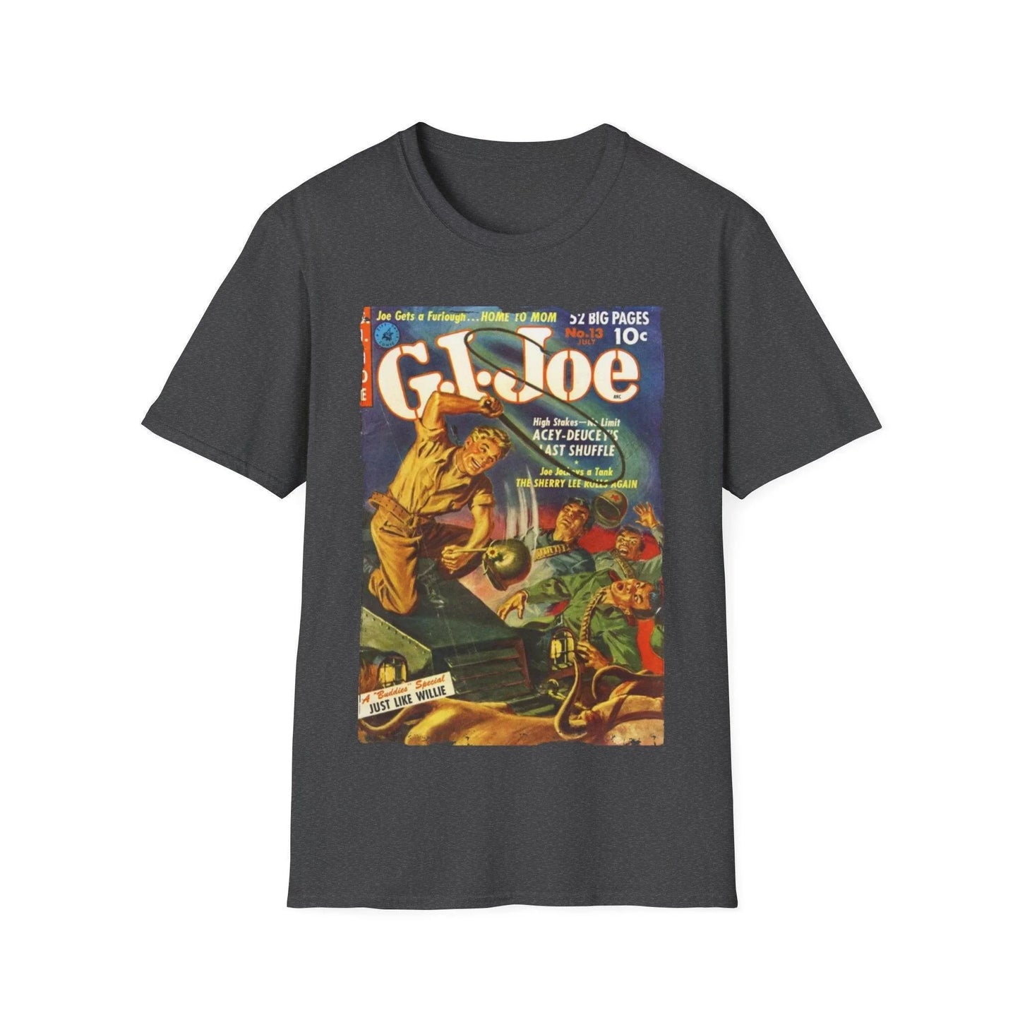 Close-up of the G.I. Joe No.13 July T-shirt fabric showing soft cotton texture and relaxed fit crew neckline from a slight