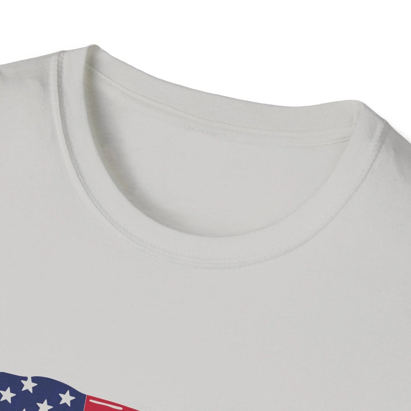 Close-up of the distressed American flag heartbeat graphic centered on the chest of the cream-colored softstyle tee with a