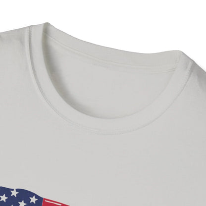 Close-up of the distressed American flag heartbeat graphic centered on the chest of the cream-colored softstyle tee with a