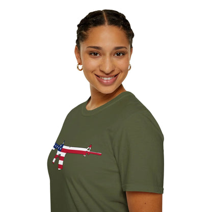 Close-up of the AR American Flag T-Shirt's soft cotton fabric displaying vibrant colors and stitched neckline detail from a