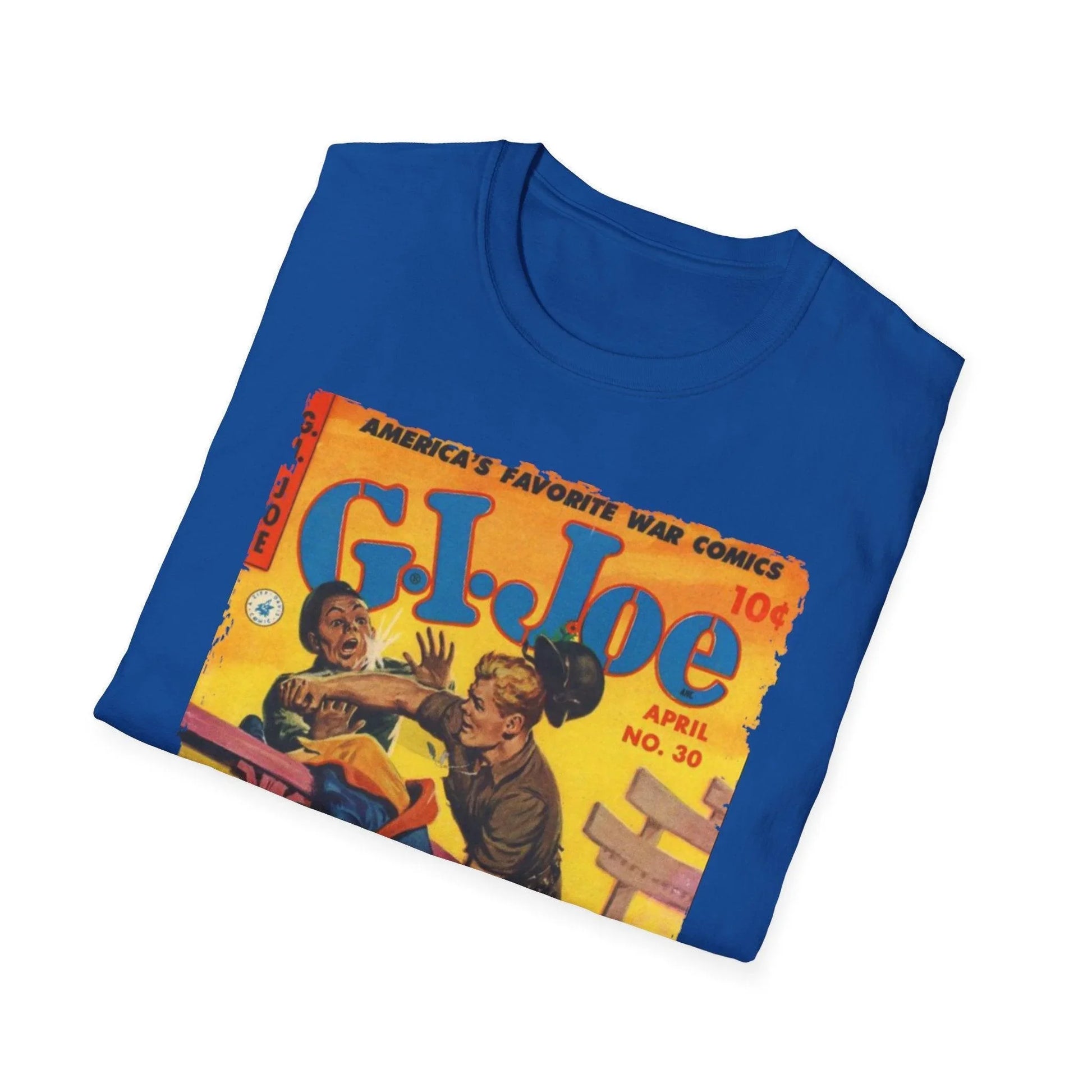 Close-up of the G.I. Joe No.30 softstyle T-shirt’s navy-colored fabric showing smooth texture and relaxed fit collar detail