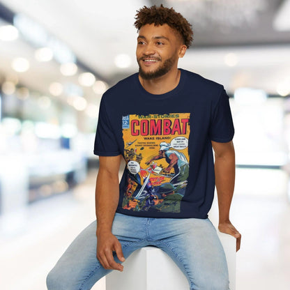 Close-up of the Combat Oct 1965 T-shirt collar showcasing reinforced double-stitched hem in charcoal gray soft cotton fabric.