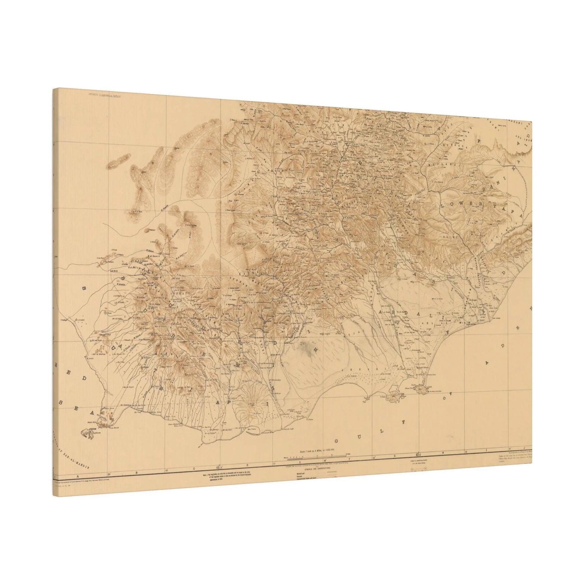 Close-up of textured canvas surface highlighting subtle weave pattern and aged finish of the Aden Protectorate, Arabian