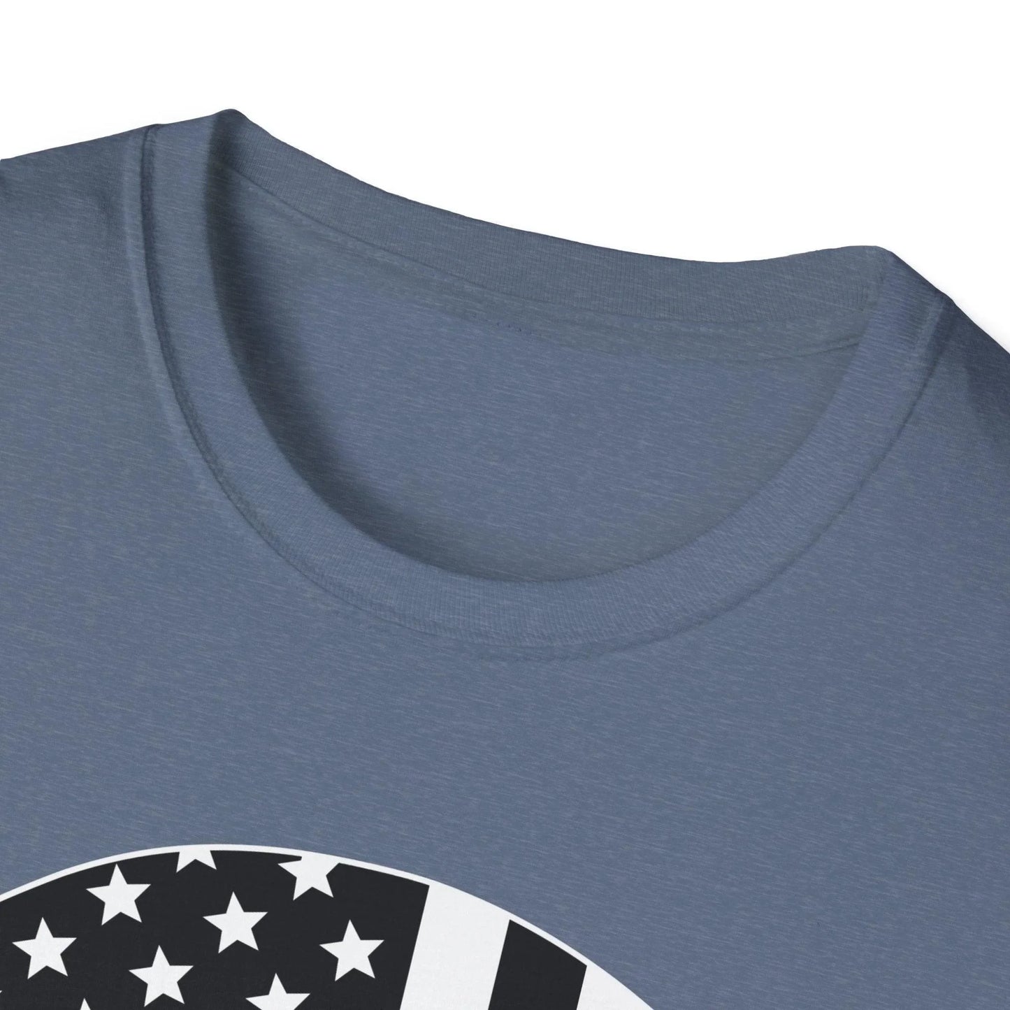 Close-up of the American Skull Flag B&W T-shirt’s front chest print showing detailed black and white skull design on soft