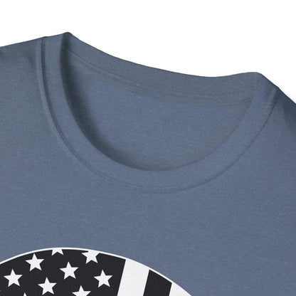Close-up of the American Skull Flag B&W T-shirt’s front chest print showing detailed black and white skull design on soft