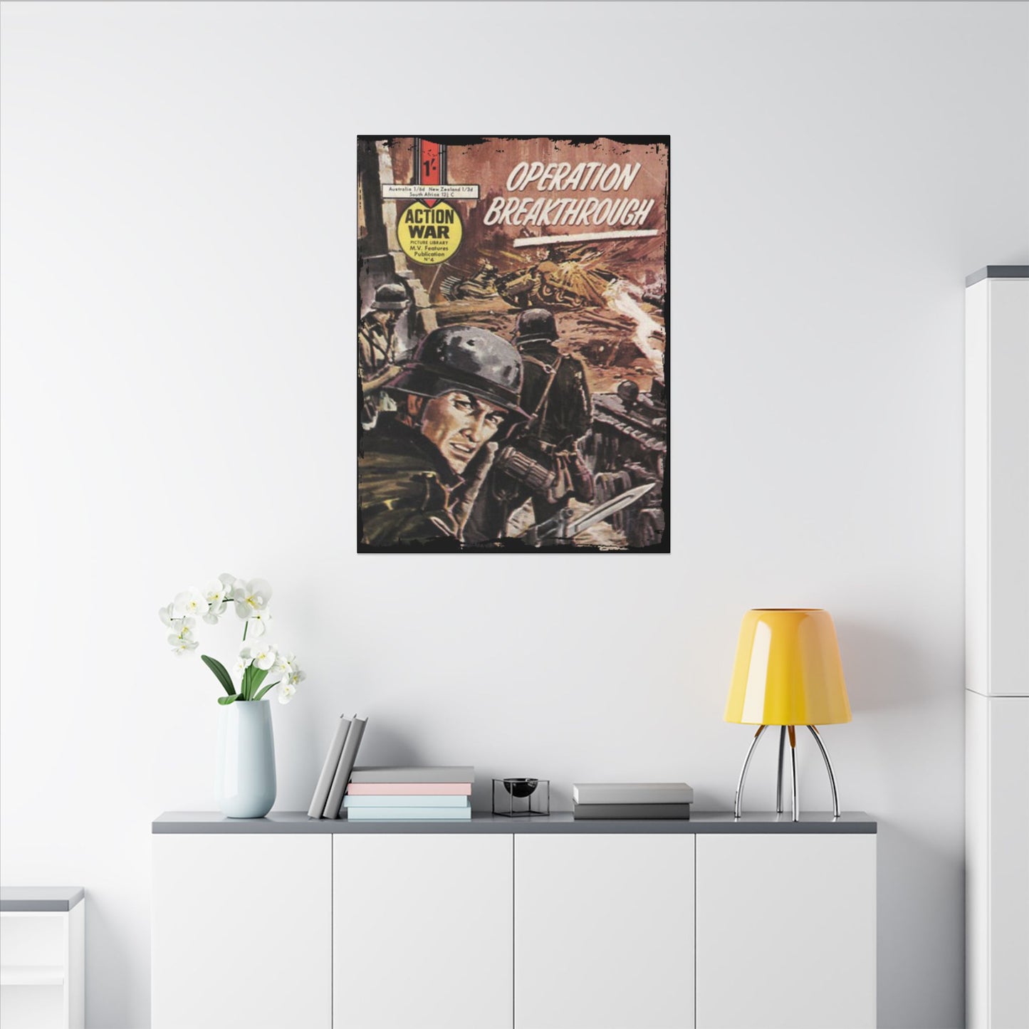 Close-up of the vibrant comic book cover edge highlighting detailed artwork and bold color contrast on canvas print.