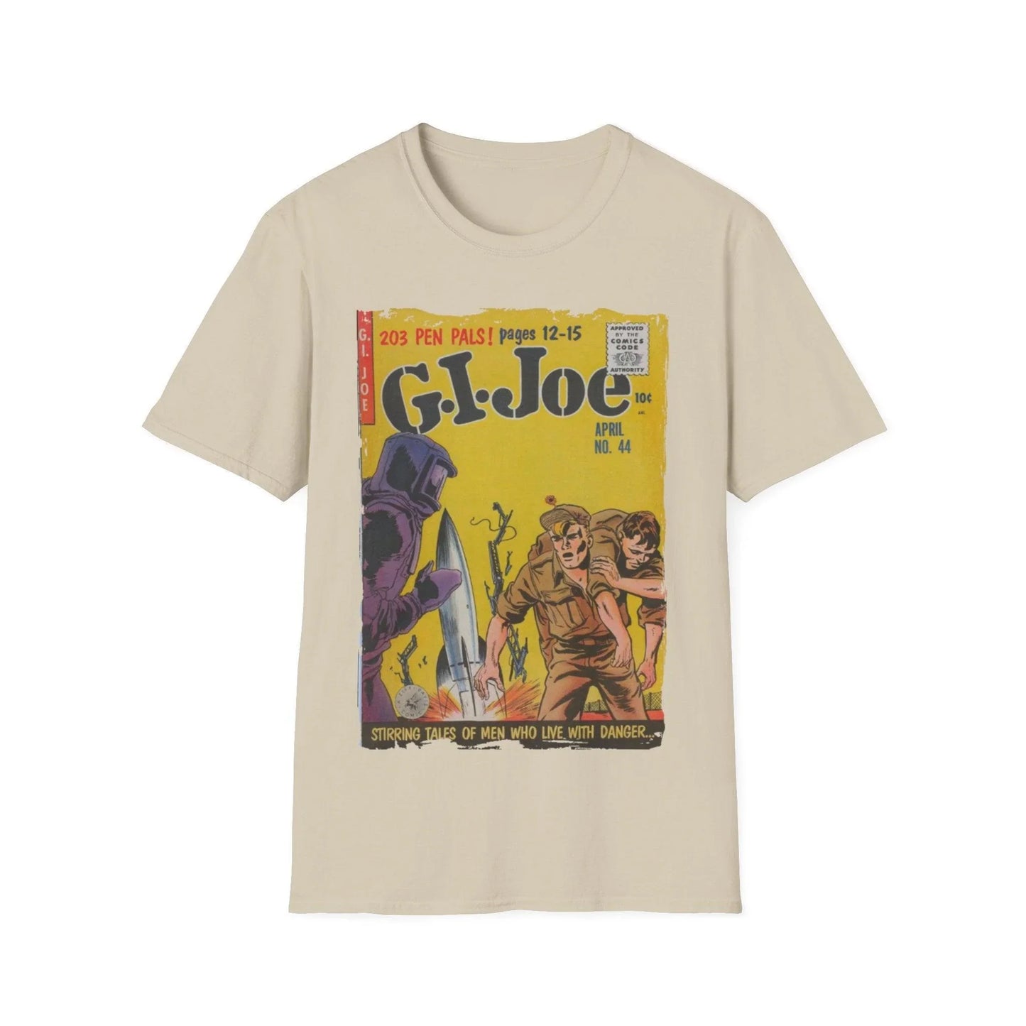 Close-up of the G.I. Joe No.44 unisex softstyle T-shirt’s vibrant front graphic print on relaxed-fit heather gray fabric