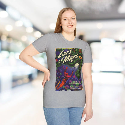 Close-up of the unisex softstyle fabric label on the chest showing the Lars of Mars 11 logo and fabric weave detail