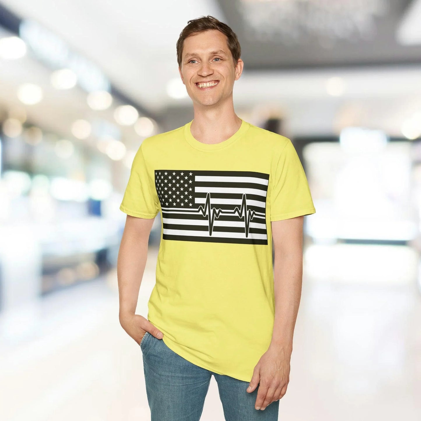 Close-up of the chest area highlighting the bold black heartbeat line intertwined with the American flag heart design on the