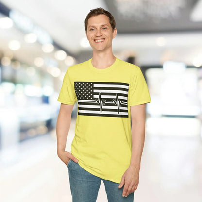 Close-up of the chest area highlighting the bold black heartbeat line intertwined with the American flag heart design on the