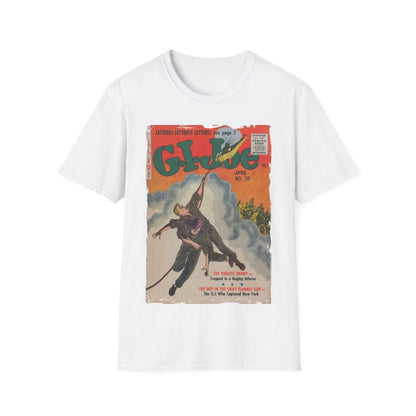 Close-up of G.I. Joe No.50 softstyle cotton T-shirt's crew neckline and subtle stitching detail in olive green color.