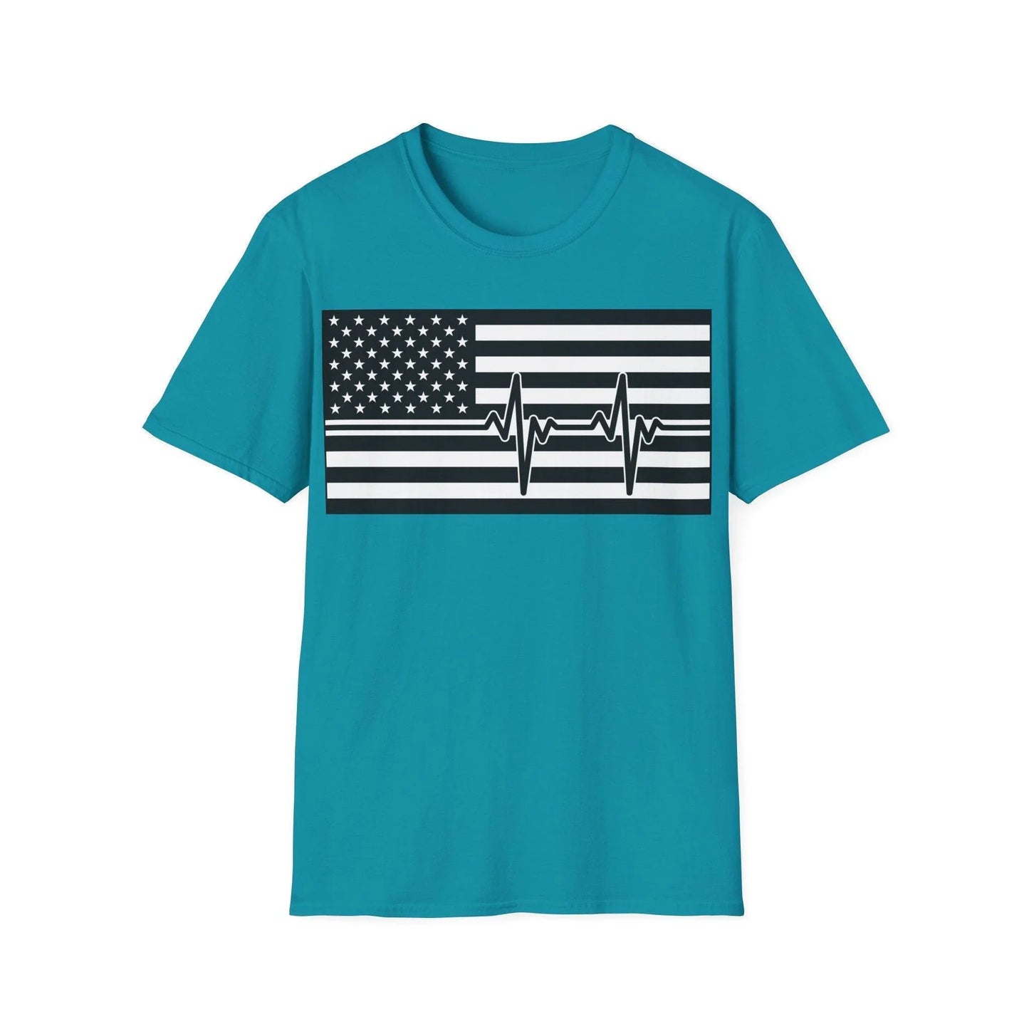 Close-up of black and white American flag heartbeat graphic on unisex softstyle T-shirt's textured fabric and crew neckline