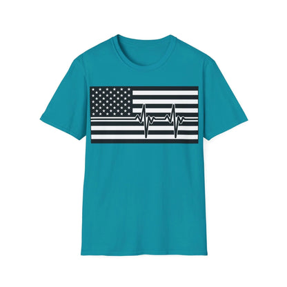 Close-up of black and white American flag heartbeat graphic on unisex softstyle T-shirt's textured fabric and crew neckline