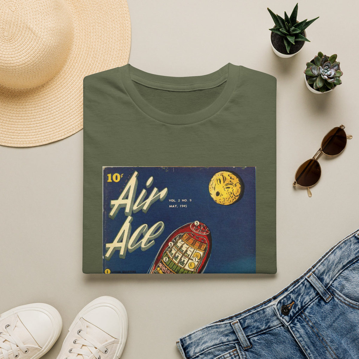 Close-up of the Air Ace Vol 2 No 9 graphic print on the chest of the unisex softstyle T-shirt's front panel, highlighting