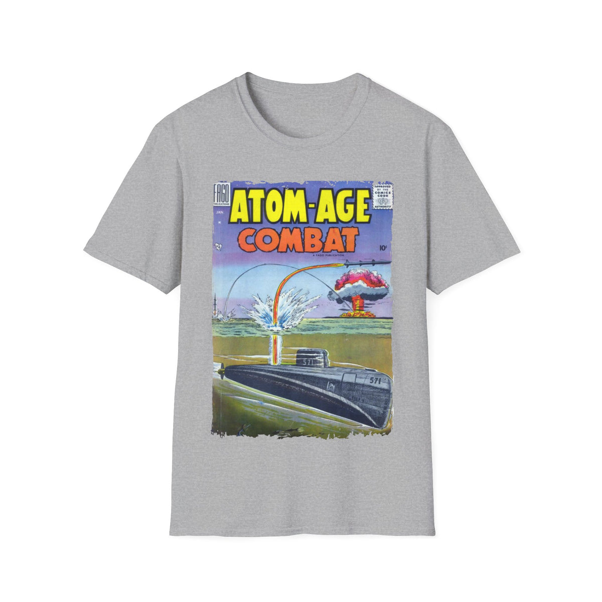 Close-up of the Atom-Age Combat No.2 T-shirt's relaxed fit neckline with visible double-stitched seams on vibrant black