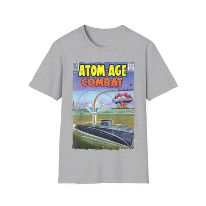 Close-up of the Atom-Age Combat No.2 T-shirt's relaxed fit neckline with visible double-stitched seams on vibrant black
