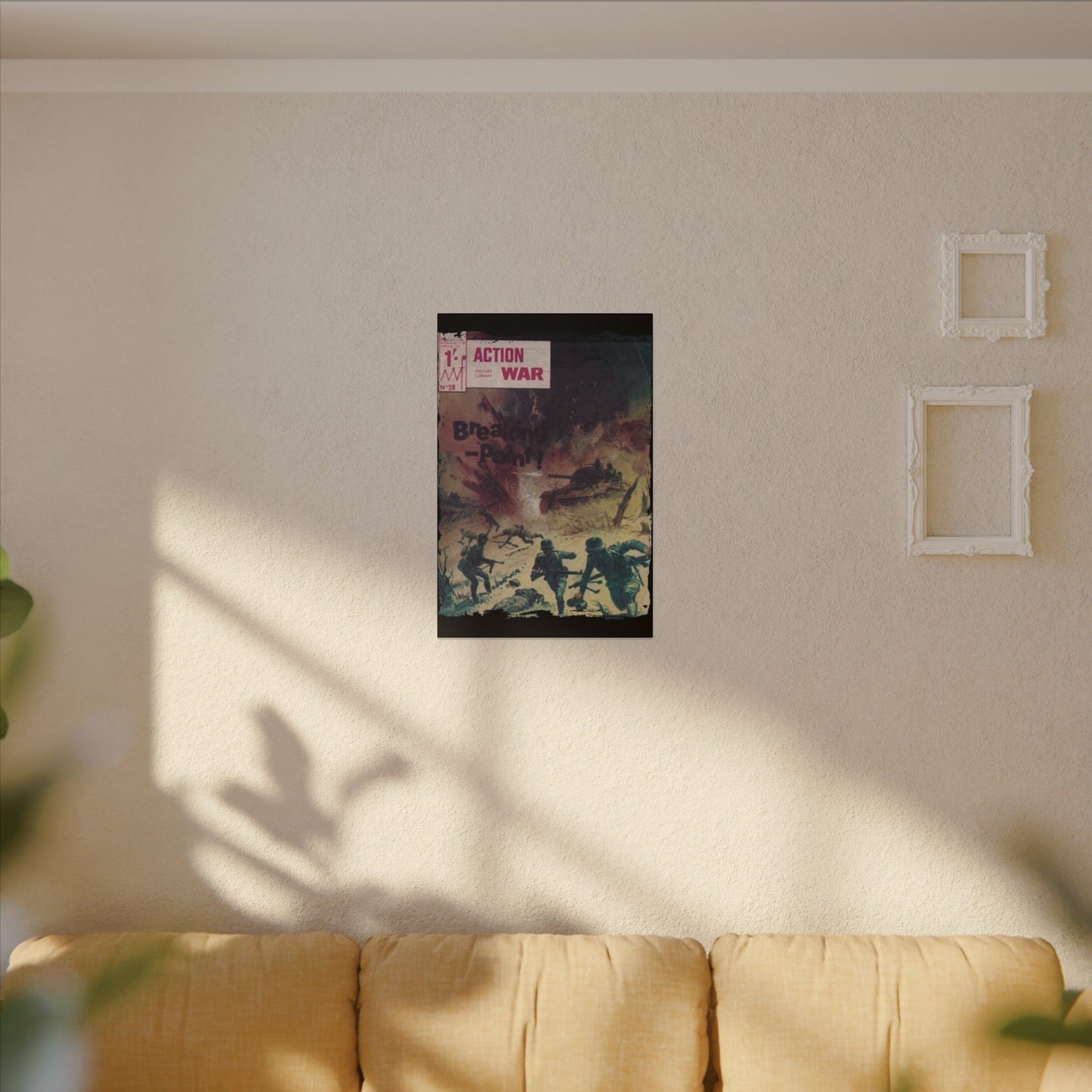 Close-up of the textured canvas surface highlighting the vibrant print detail and subtle brushstroke effect on the Action