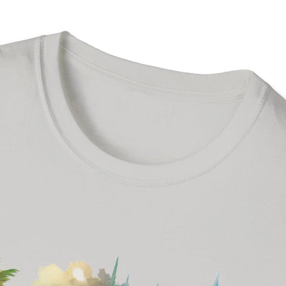 Close-up of the unisex softstyle T-shirt neckline showing subtle stitching and a small woven brand label on the hem in
