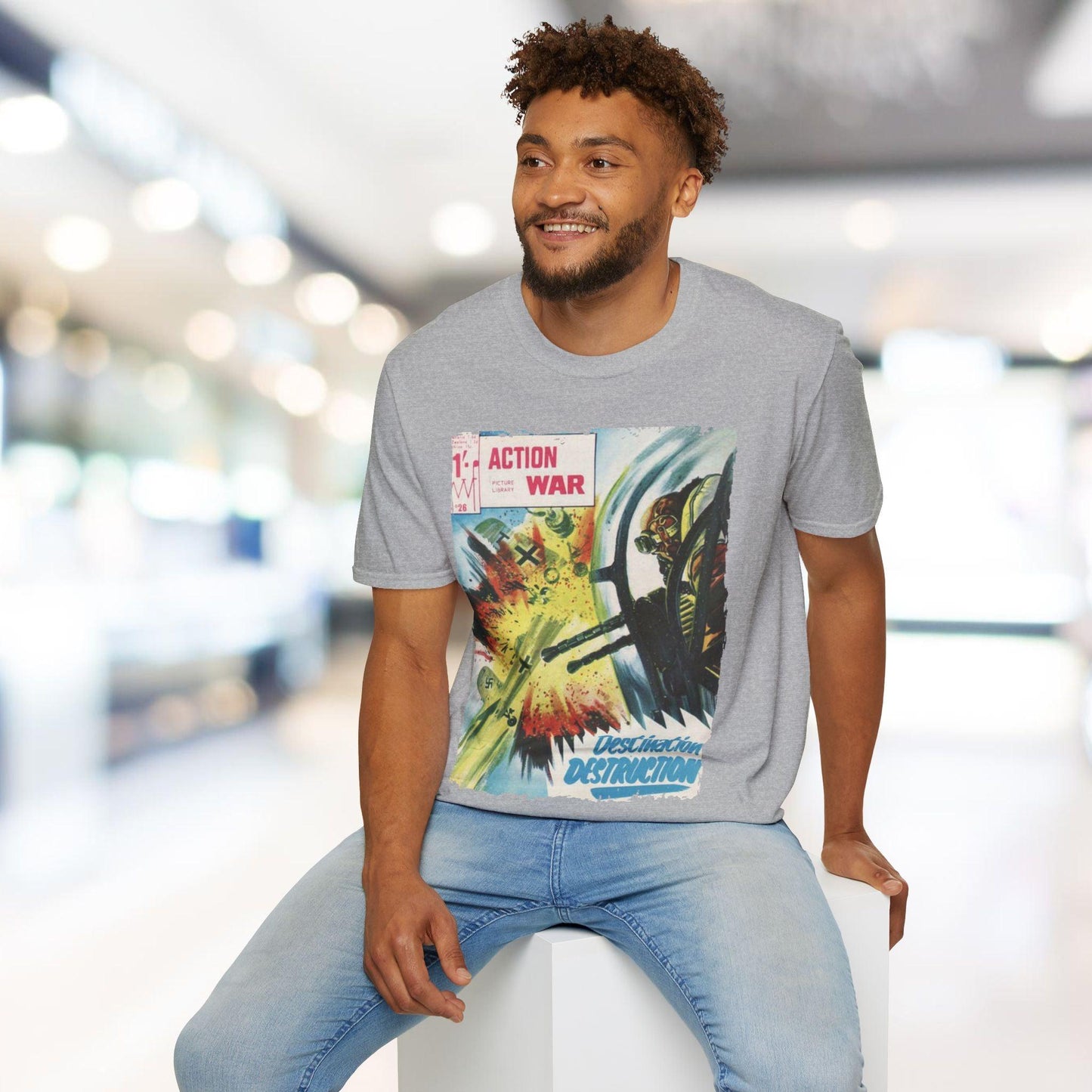 Close-up of soft cotton fabric showing subtle heather texture and relaxed fit neckline on the unisex T-shirt in dusty blue