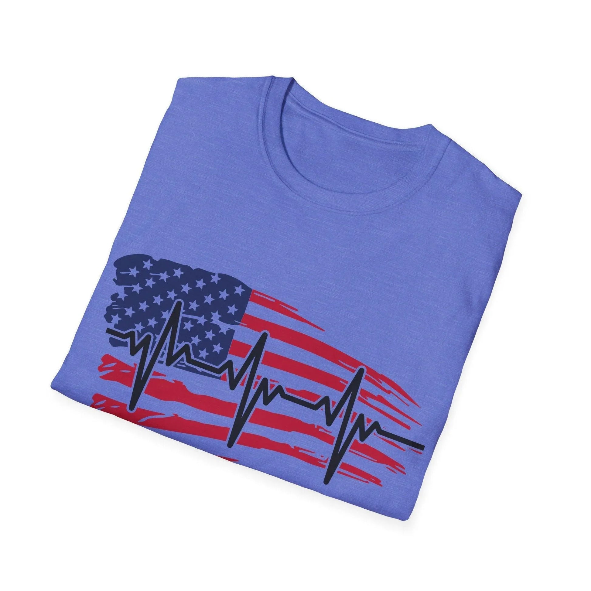 Close-up of the distressed American flag heartbeat graphic on charcoal gray fabric, highlighting the textured print and