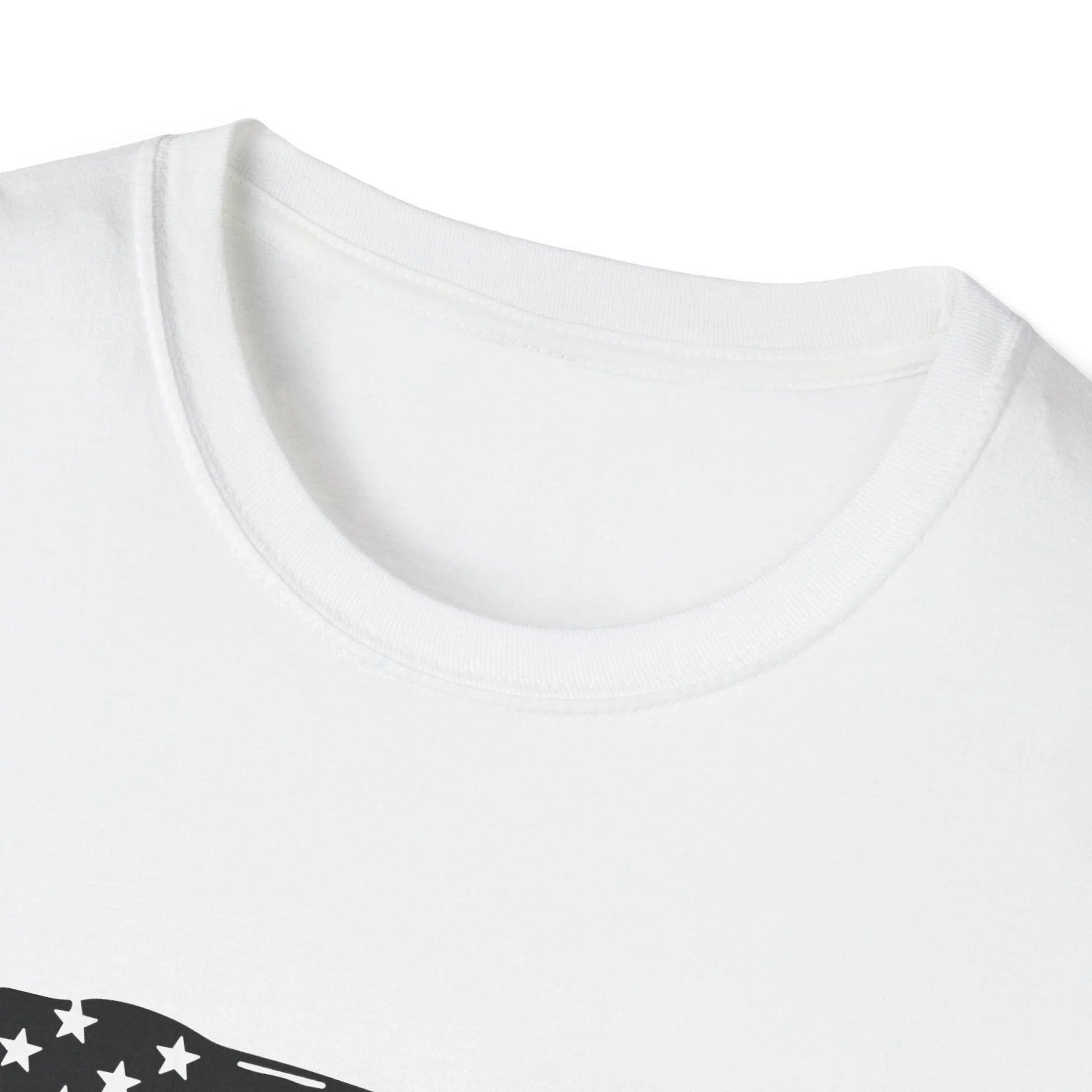 Close-up of black distressed flag heartbeat graphic on soft white fabric, highlighting the textured print and relaxed fit