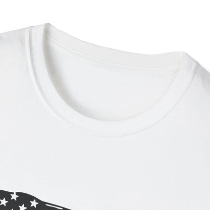 Close-up of black distressed flag heartbeat graphic on soft white fabric, highlighting the textured print and relaxed fit