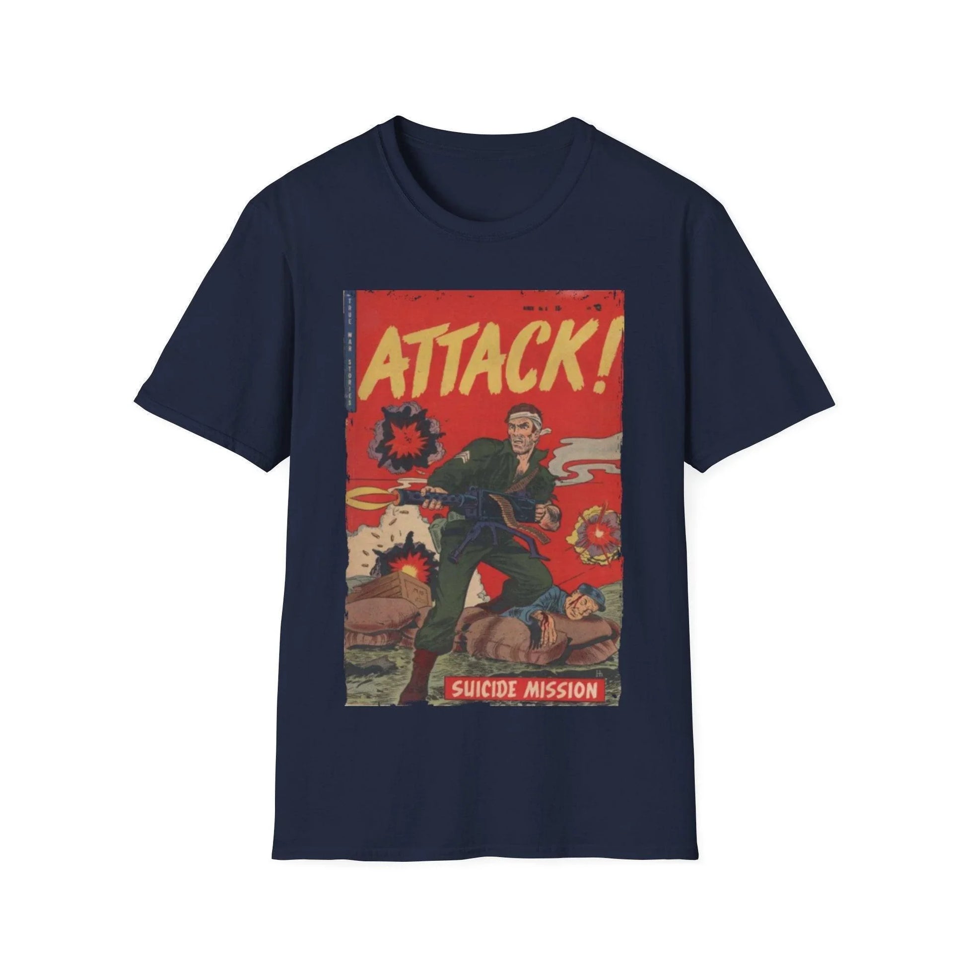 Close-up of the navy blue Attack! No. 6 T-shirt neckline with reinforced stitching and soft cotton fabric detail