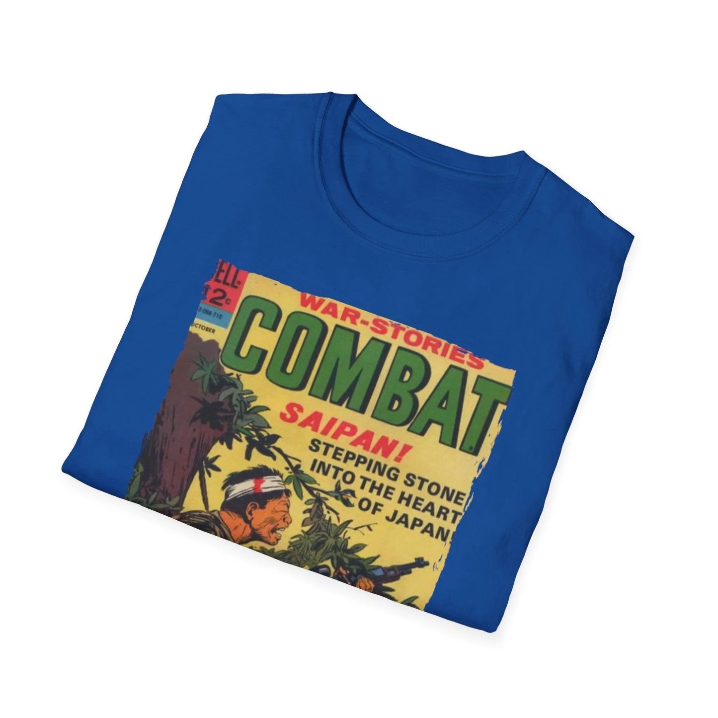 Close-up of the Combat Oct 1967 unisex softstyle T-shirt's neckline highlighting the smooth fabric weave and reinforced